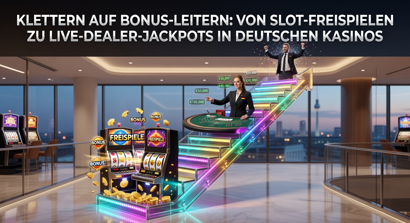 Ein Spieler steigt eine leuchtende Bonusleiter in einem virtuellen Casino hoch, mit Slots und Live-Tischen im Hintergrund