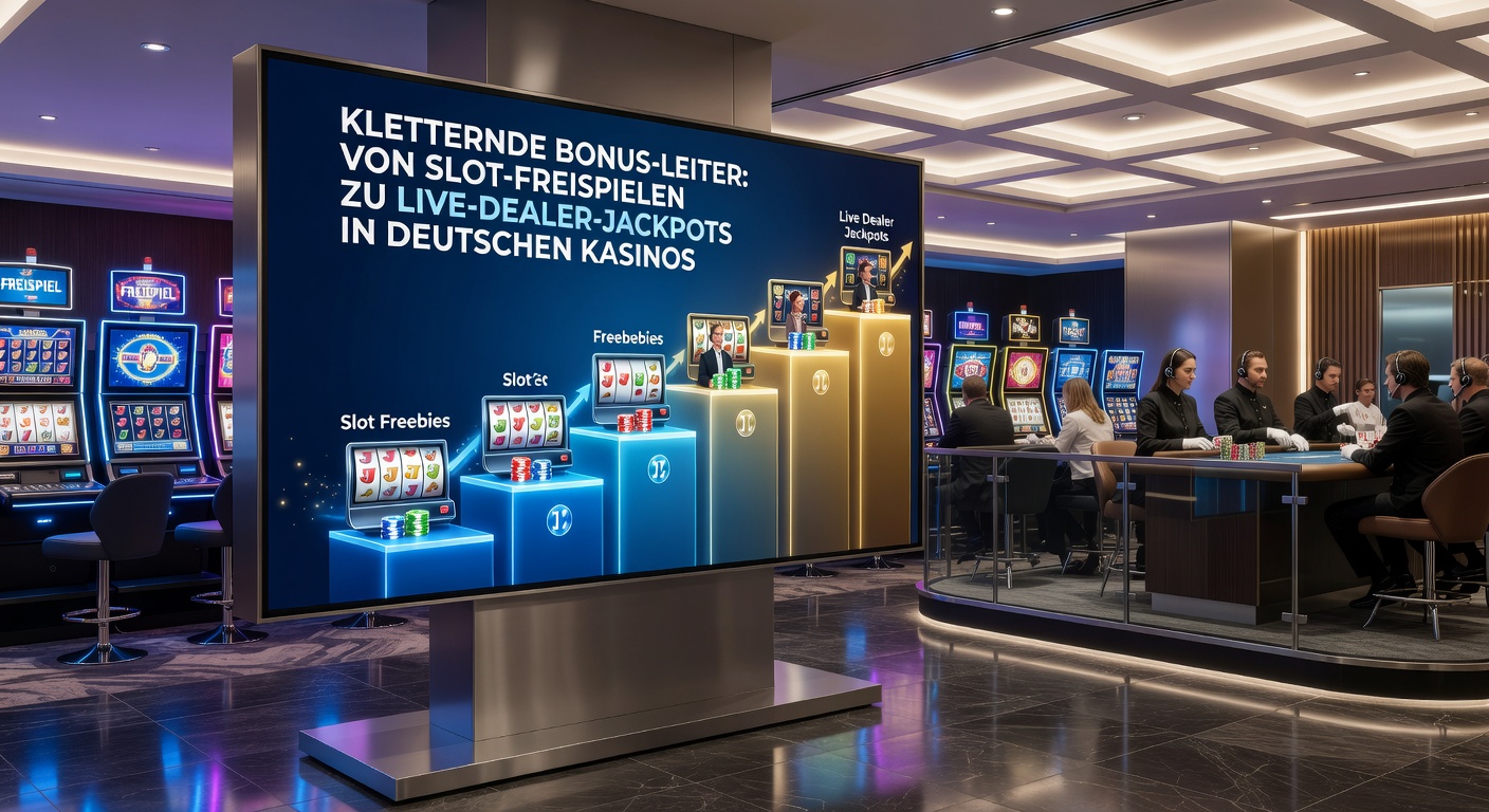 Live-Dealer-Tisch mit Roulette und Blackjack, umgeben von Bonus-Symbolen und einer steigenden Leiter