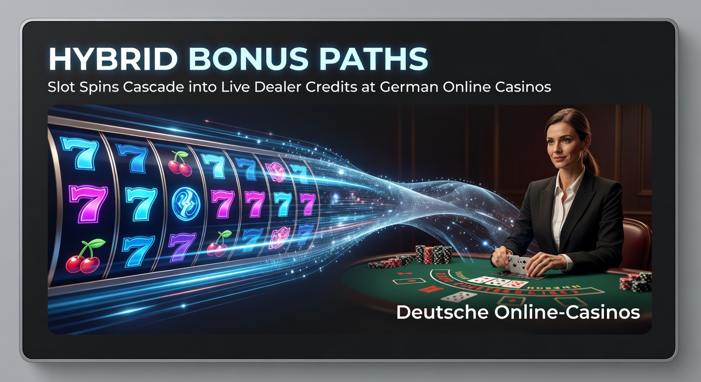 Grafik zeigt einen Wasserfall aus Slot-Symbolen, der in Live-Dealer-Tische übergeht, symbolisch für hybride Bonus-Kaskaden in Online-Casinos